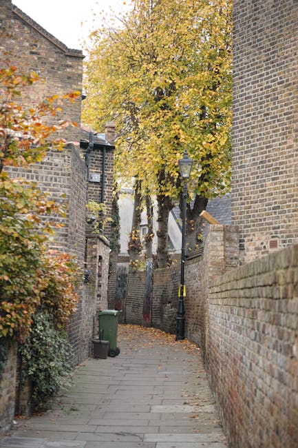 A narrow alleyway between two buildings in an urban setting, with the left side featuring dark blue horizontal siding and visible exposed utility pipes attached with metal brackets. The right side consists of a weathered brick wall with graffiti markings. The ground is uneven and cluttered with scattered debris and a black plastic bag. At the far end, there is faint natural light filtering through, alongside a small, partially visible vent or exhaust fan mounted on the wall. In the background, leafless trees are visible, indicating an outdoor alley. The scene captures a typical confined space that might benefit from professional rubbish removal, with Waste Removal Greenwich specializing in alternative waste handling solutions, such as on-site clearance or private disposal, evident in the cluttered environment suited to independent collection services.